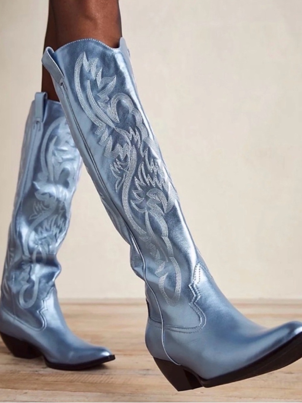 Jeffrey Campbell Metallic Light Blue Over-the-Knee Western Boots